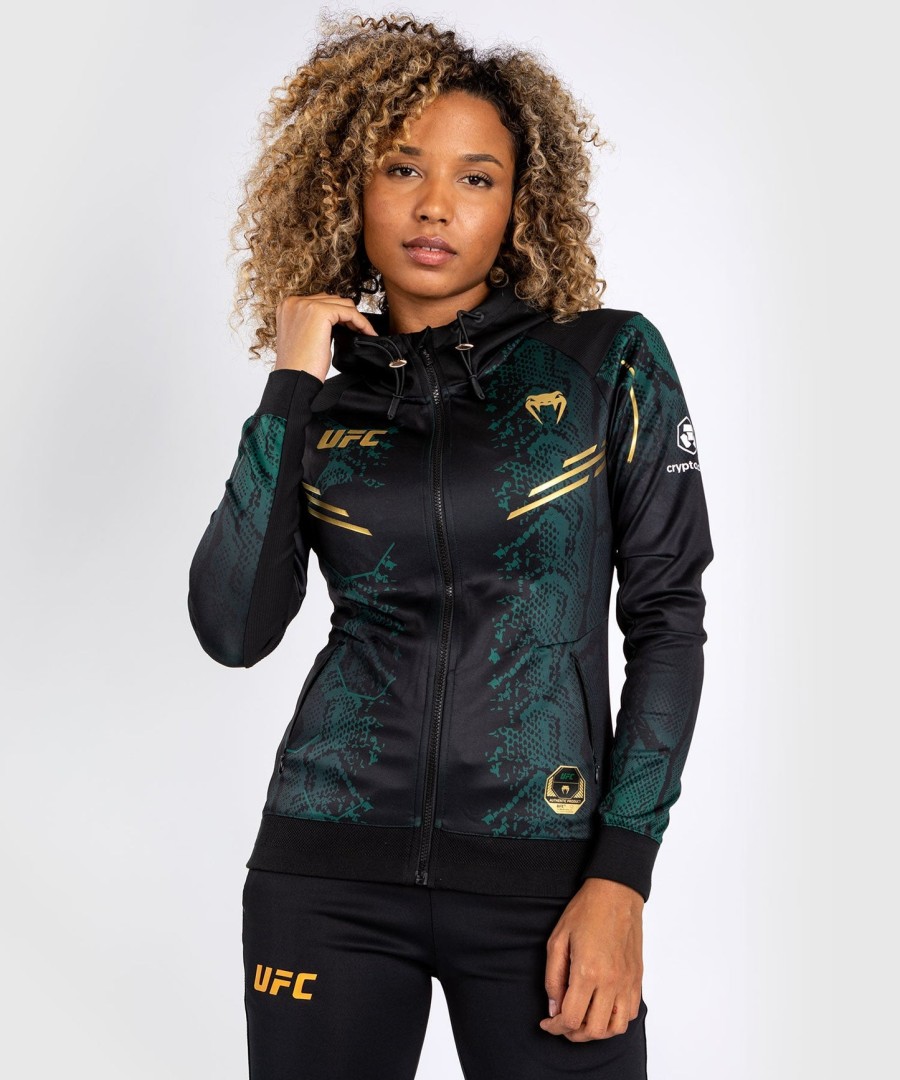 dámská mikina s kapucí ufc adrenaline by venum authentic fight night walkout - emerald edition - zelenáčernázlatá
